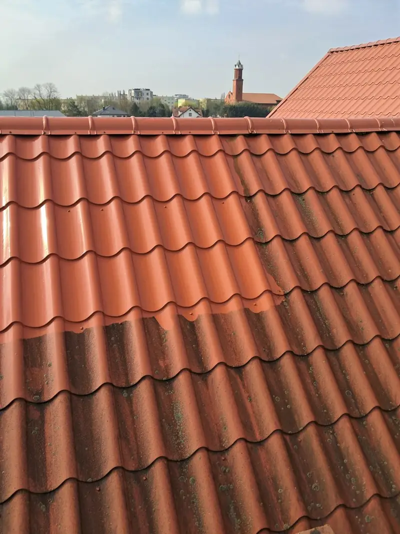 Dachówka - wyraźna różnica między umytą lewą częścią a zabrudzoną prawą częścią dachu na jednym zdjęciu